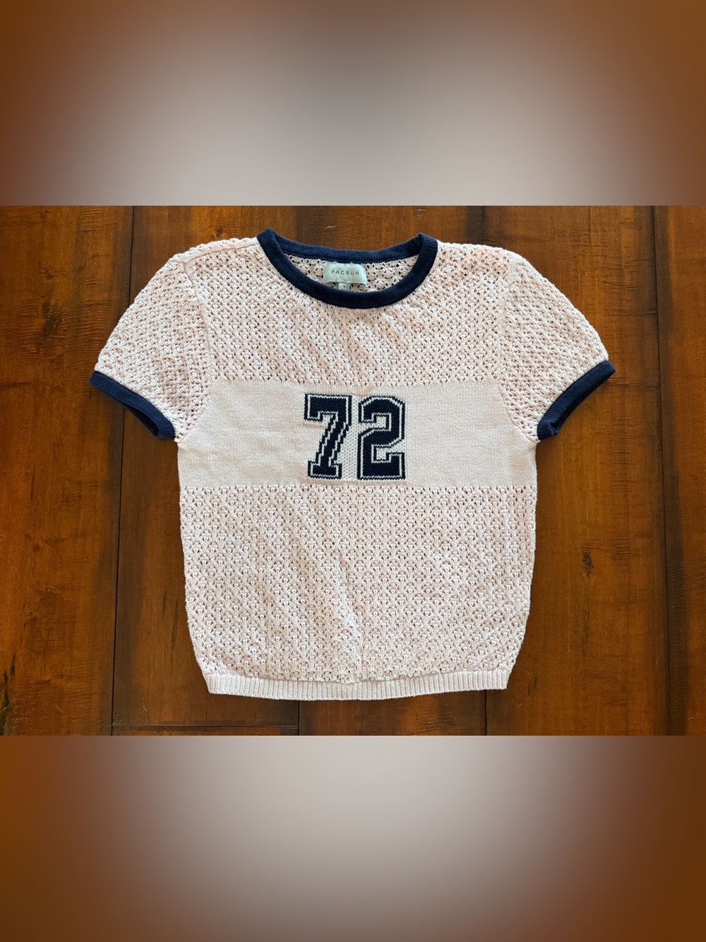 PacSun Pink Knit Short-Sleeve Top with Navy Trim and '72' Graphic